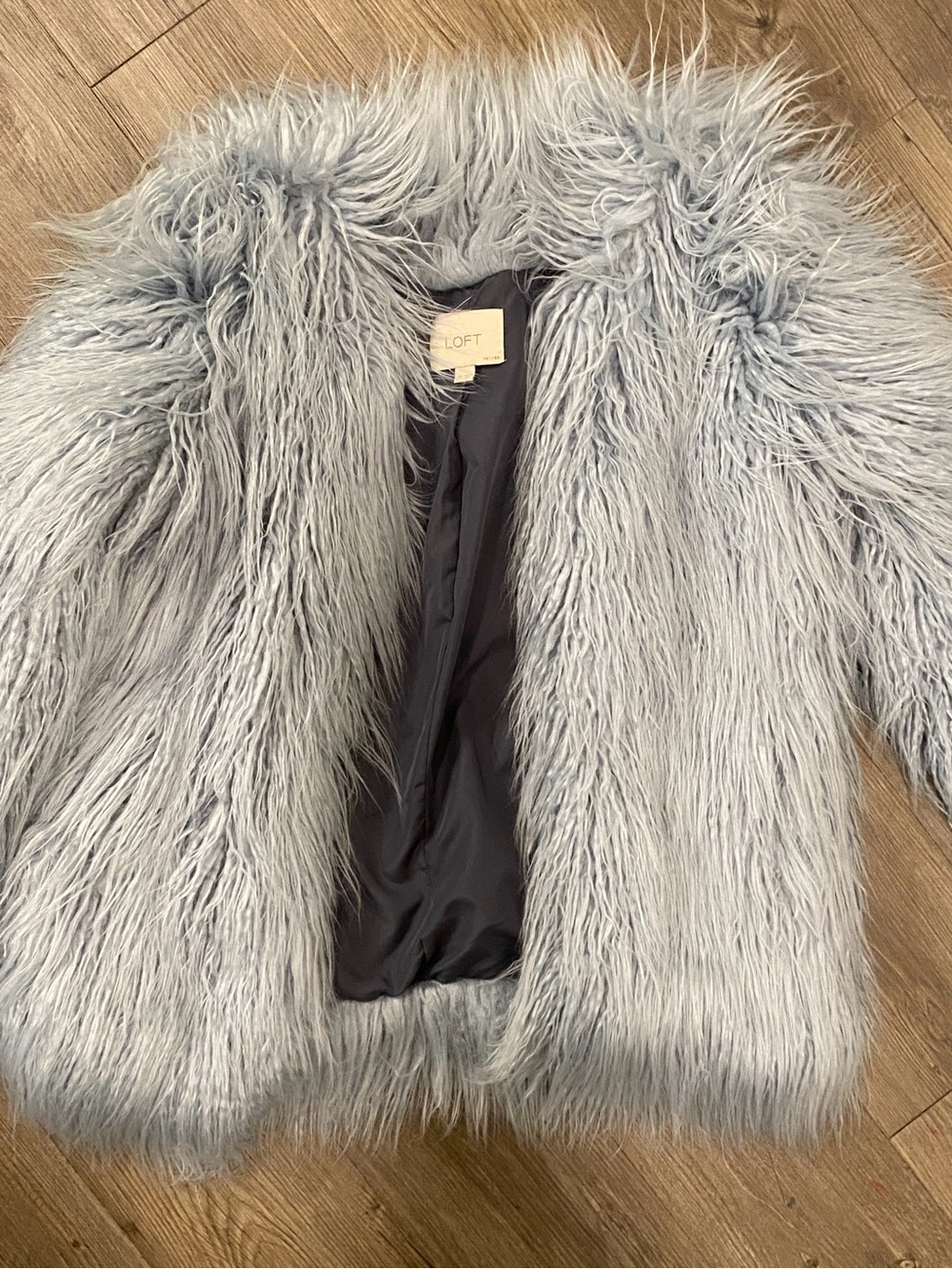 LOFT Pale Gray Faux Fur Bomber Jacket